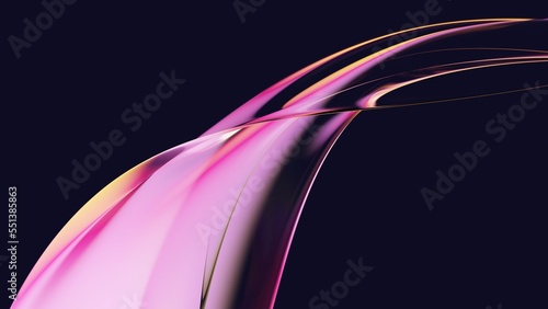 Abstract liquid glass holographic iridescent neon curved wave in motion dark background 3d render. Gradient design element for banners, backgrounds, wallpapers and covers.