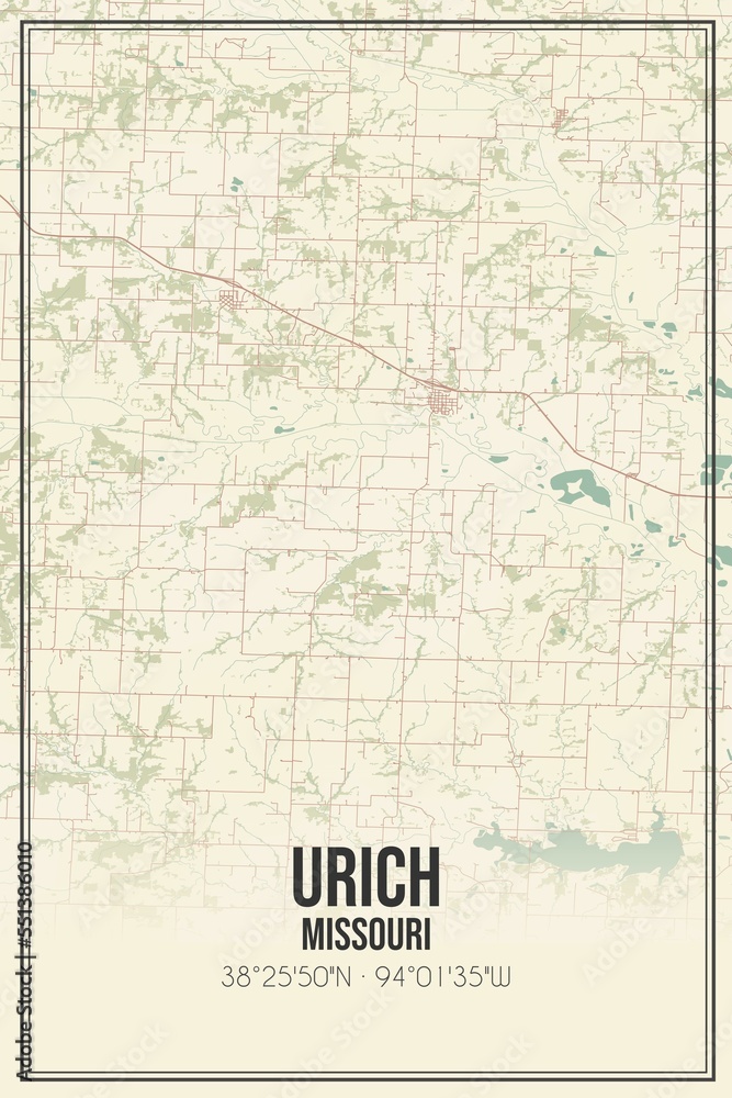 Retro US city map of Urich, Missouri. Vintage street map.