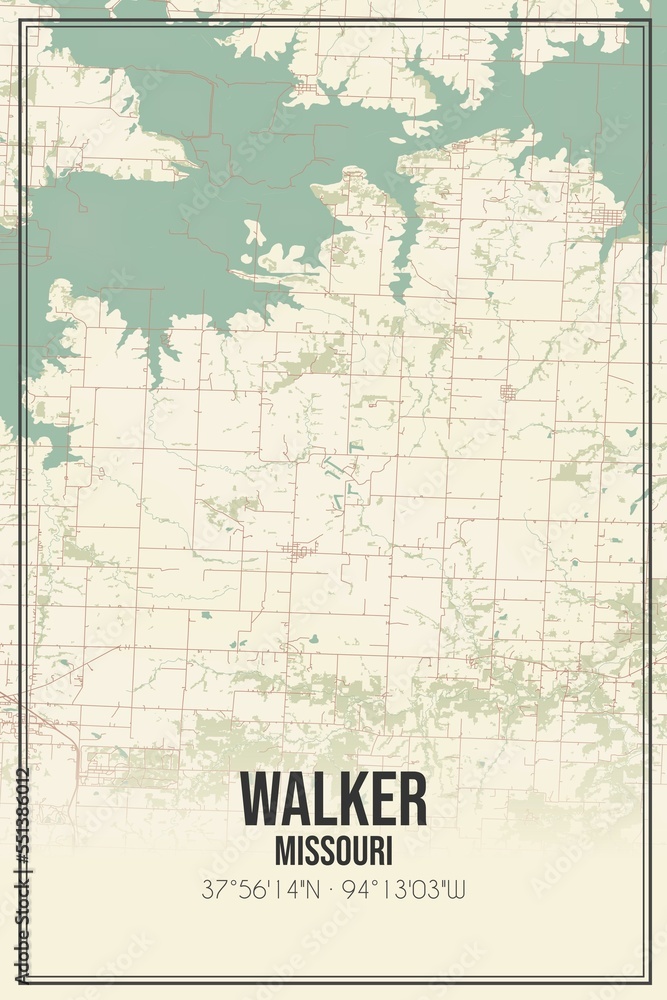 Retro US city map of Walker, Missouri. Vintage street map.