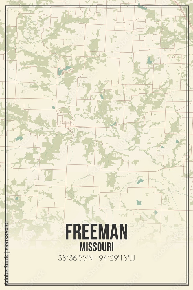 Retro US city map of Freeman, Missouri. Vintage street map.