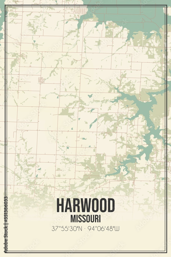 Retro US city map of Harwood, Missouri. Vintage street map.