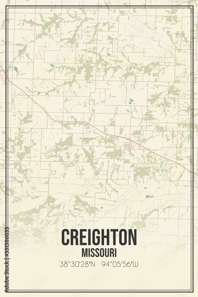 Retro US city map of Creighton, Missouri. Vintage street map.