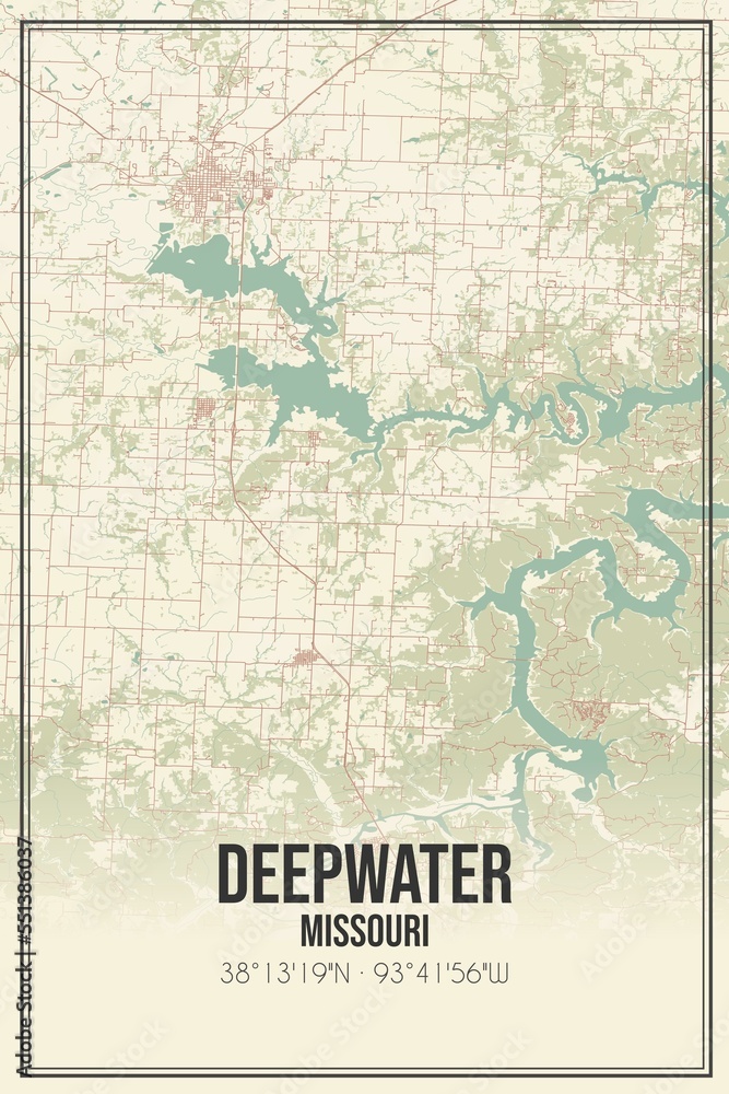 Retro US city map of Deepwater, Missouri. Vintage street map.