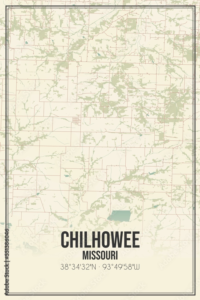 Retro US city map of Chilhowee, Missouri. Vintage street map.