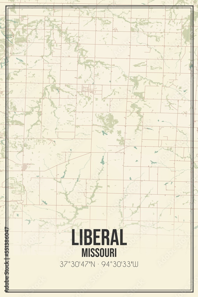 Retro US city map of Liberal, Missouri. Vintage street map.