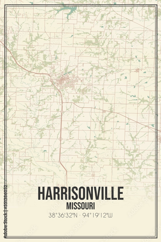 Retro US city map of Harrisonville, Missouri. Vintage street map.