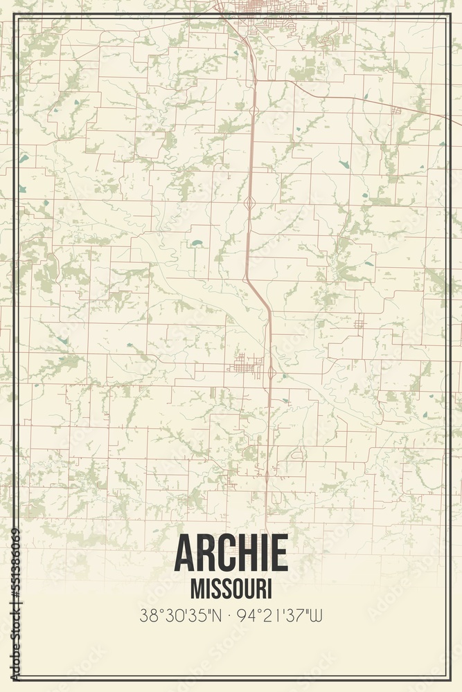 Retro US city map of Archie, Missouri. Vintage street map.
