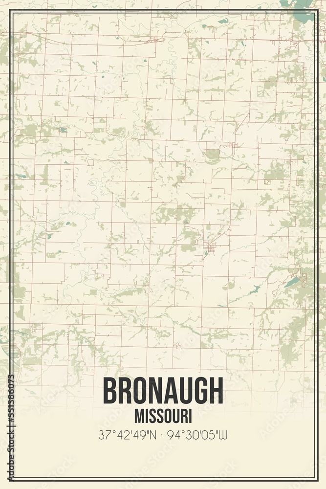 Retro US city map of Bronaugh, Missouri. Vintage street map.