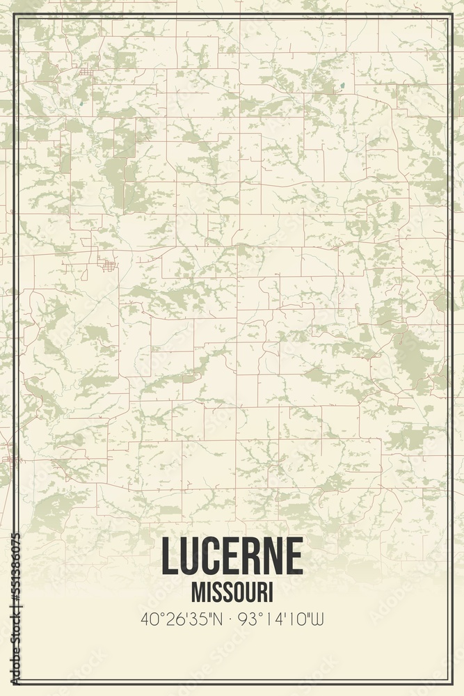 Retro US city map of Lucerne, Missouri. Vintage street map.