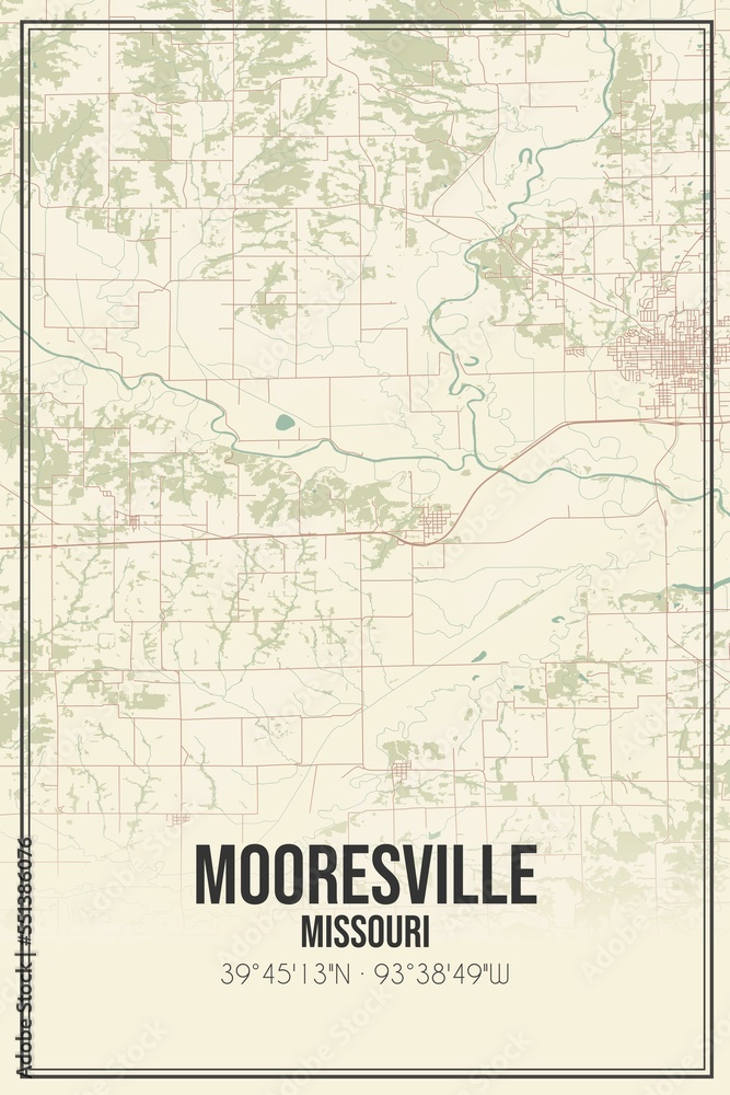 Retro US city map of Mooresville, Missouri. Vintage street map.