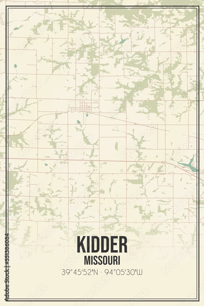 Retro US city map of Kidder, Missouri. Vintage street map.