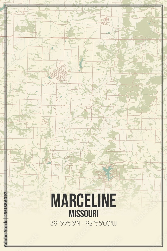 Retro US city map of Marceline, Missouri. Vintage street map.