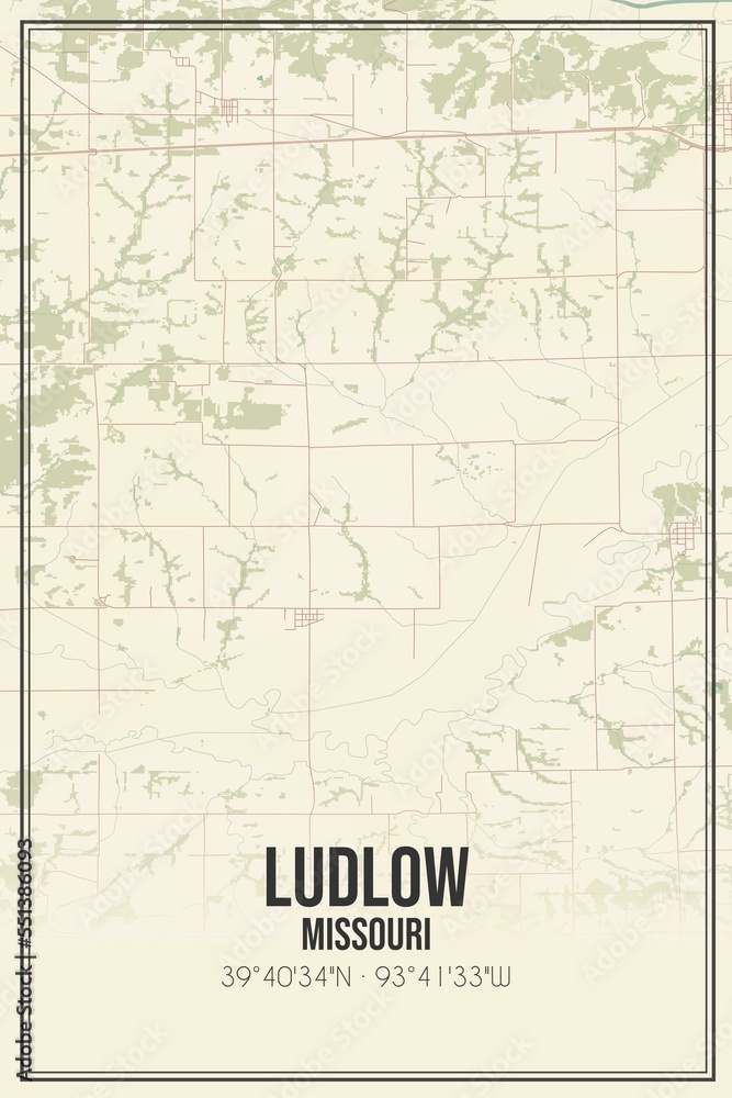 Retro US city map of Ludlow, Missouri. Vintage street map.