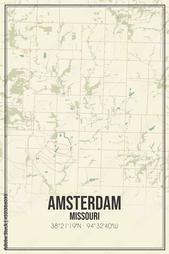 Retro US city map of Amsterdam, Missouri. Vintage street map.