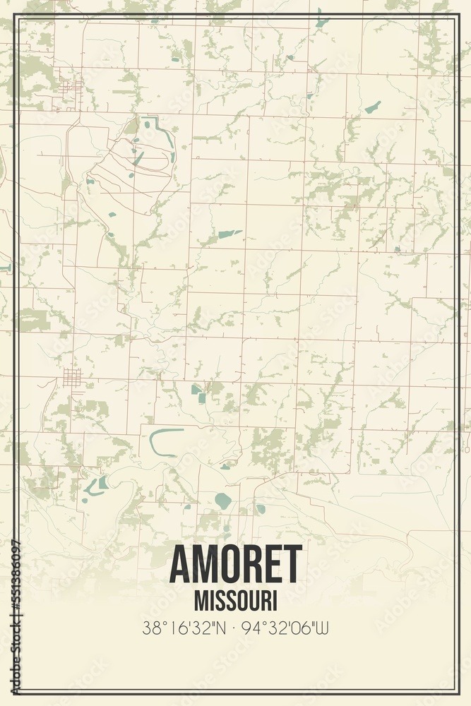 Retro US city map of Amoret, Missouri. Vintage street map.