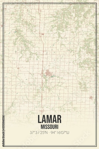 Retro US city map of Lamar, Missouri. Vintage street map.