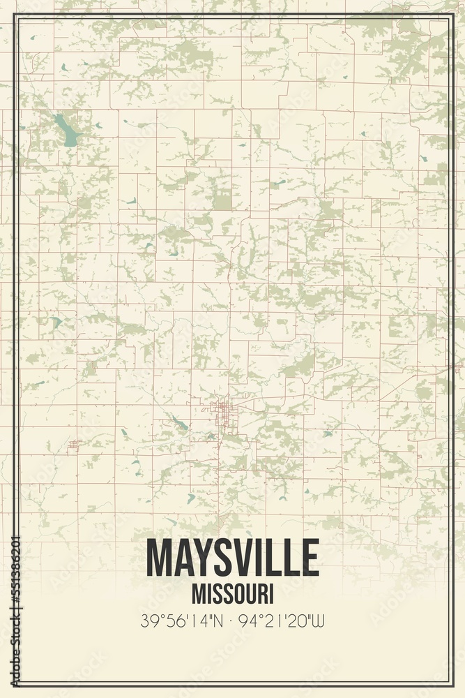 Retro US city map of Maysville, Missouri. Vintage street map.