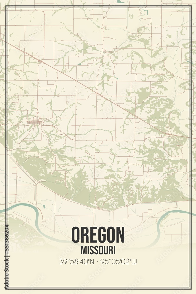 Retro US city map of Oregon, Missouri. Vintage street map.