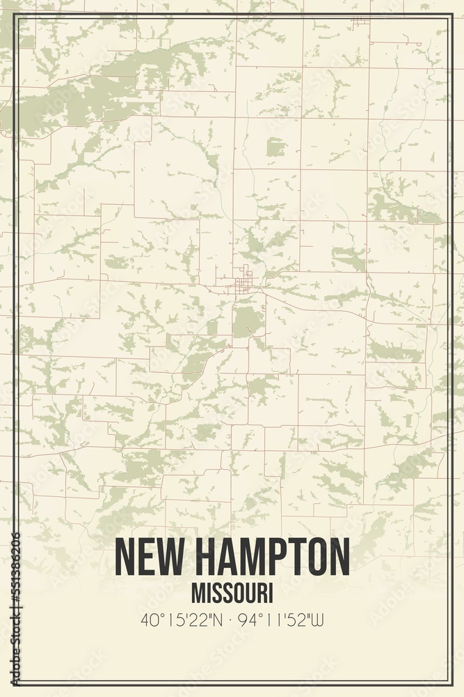 Retro US city map of New Hampton, Missouri. Vintage street map.
