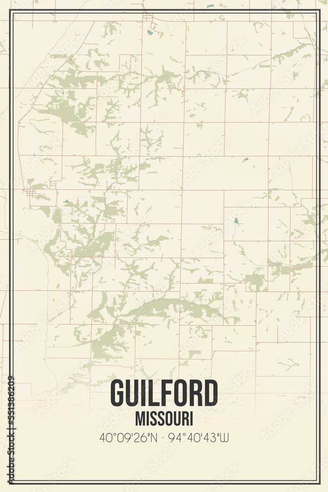 Retro US city map of Guilford, Missouri. Vintage street map.