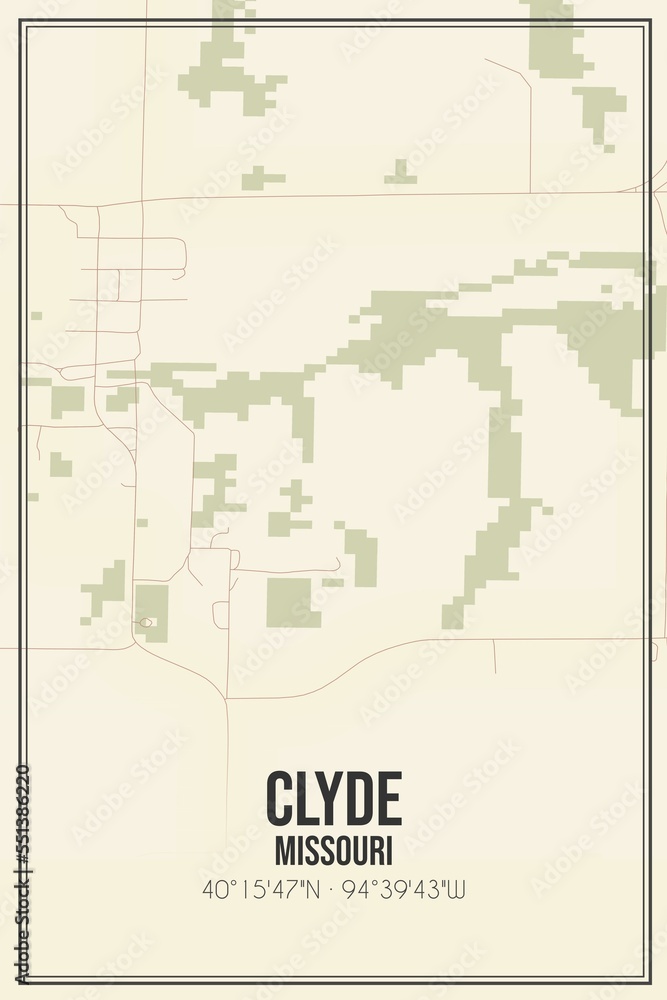 Retro US city map of Clyde, Missouri. Vintage street map.