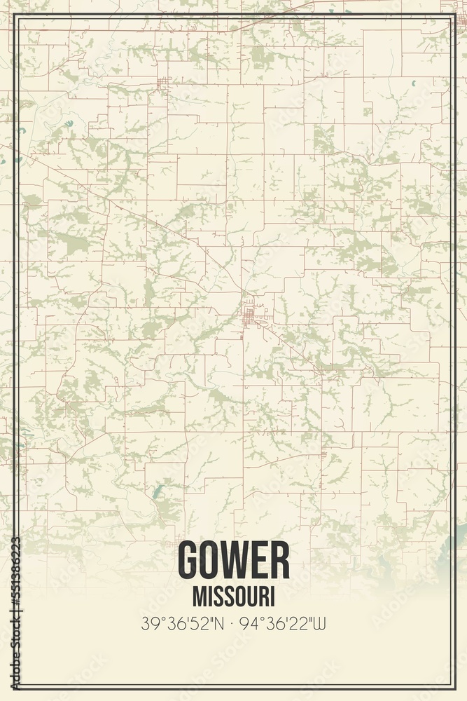 Retro US city map of Gower, Missouri. Vintage street map.