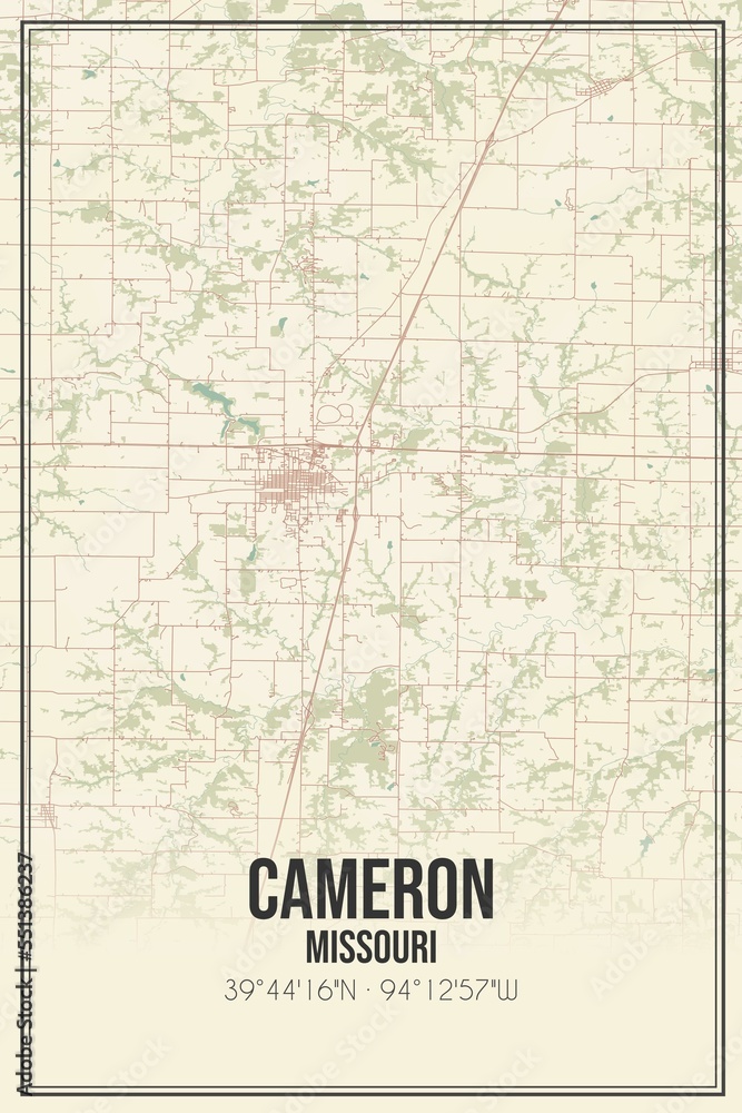 Fototapeta premium Retro US city map of Cameron, Missouri. Vintage street map.