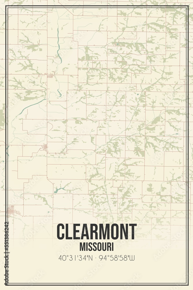 Retro US city map of Clearmont, Missouri. Vintage street map.