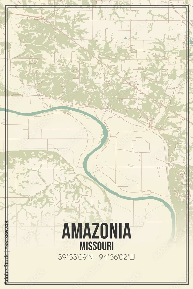 Retro US city map of Amazonia, Missouri. Vintage street map.