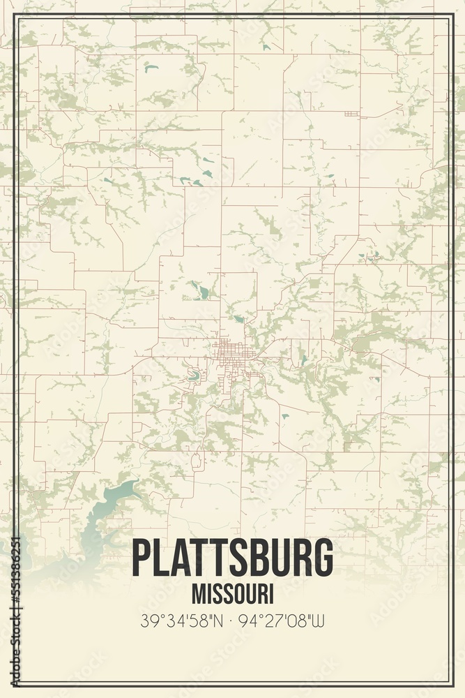 Retro US city map of Plattsburg, Missouri. Vintage street map.