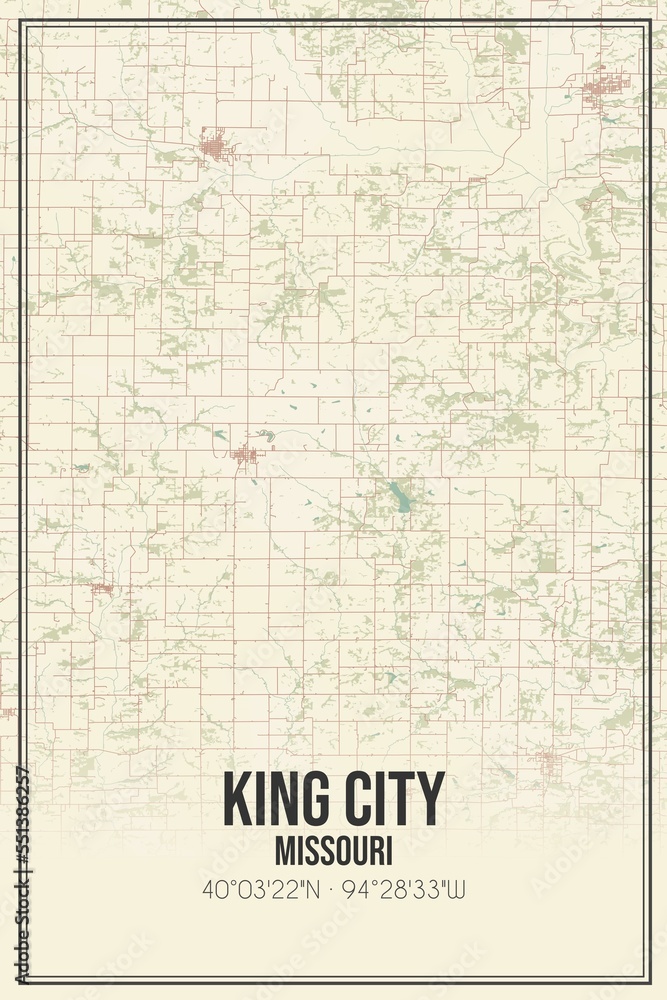 Retro US city map of King City, Missouri. Vintage street map.
