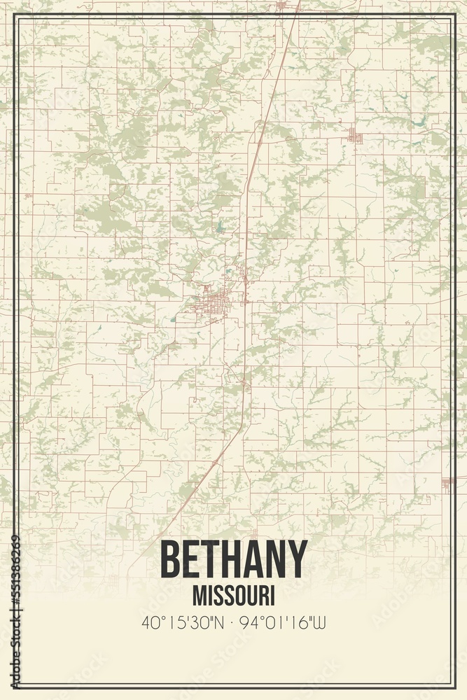 Retro US city map of Bethany, Missouri. Vintage street map.