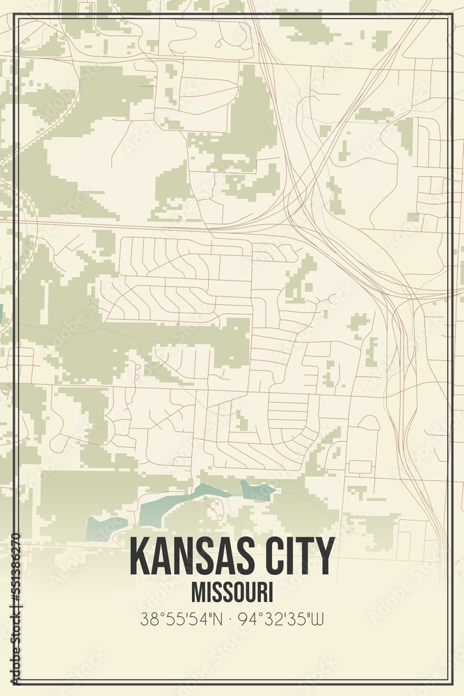 Obraz premium Retro US city map of Kansas City, Missouri. Vintage street map.