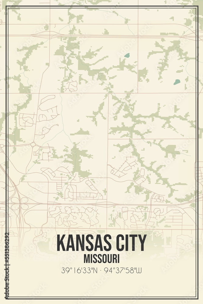 Retro US city map of Kansas City, Missouri. Vintage street map.