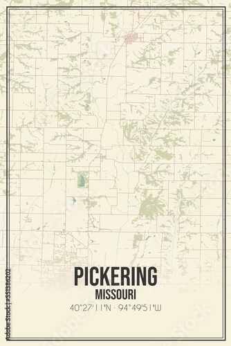 Retro US city map of Pickering, Missouri. Vintage street map.