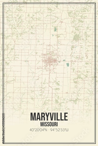 Retro US city map of Maryville  Missouri. Vintage street map.