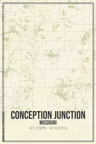 Retro US city map of Conception Junction, Missouri. Vintage street map.