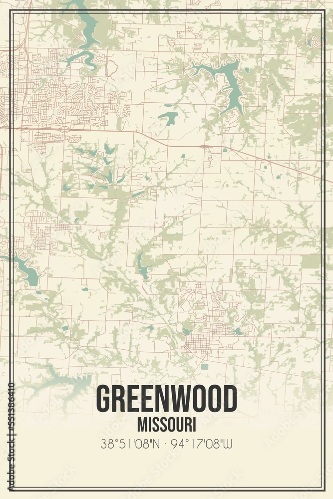 Retro US city map of Greenwood, Missouri. Vintage street map.