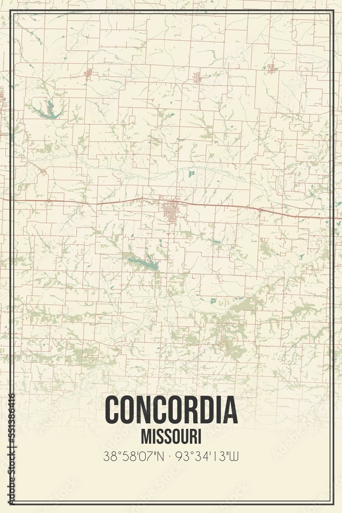 Retro US city map of Concordia, Missouri. Vintage street map.