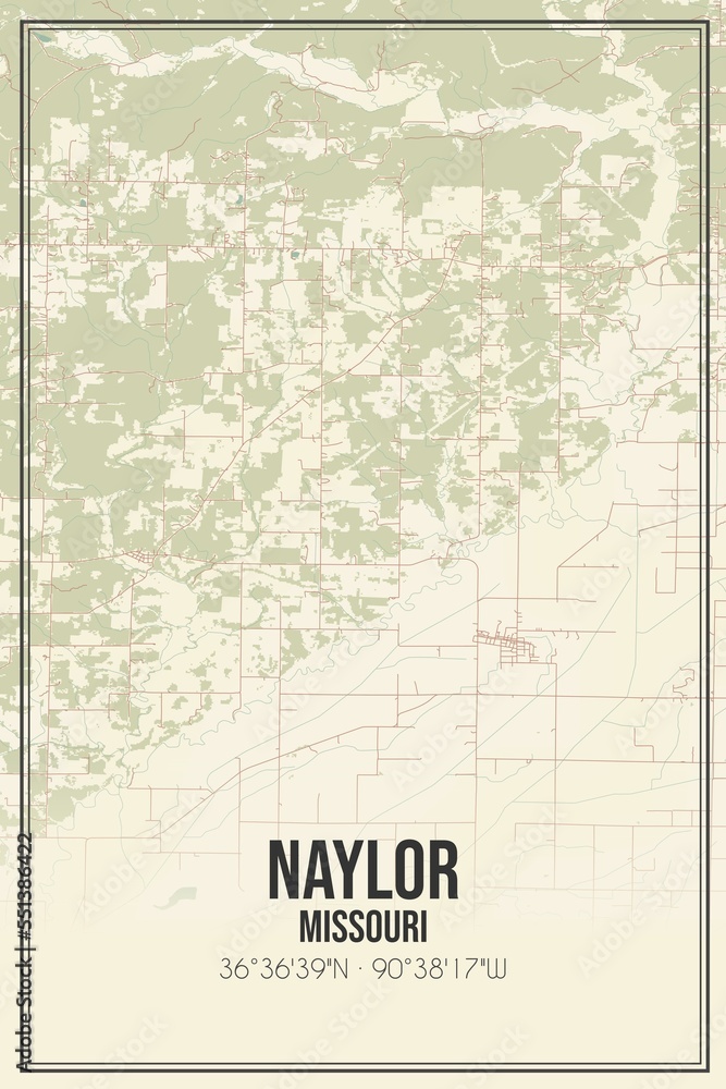 Retro US city map of Naylor, Missouri. Vintage street map.