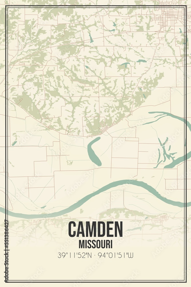 Obraz premium Retro US city map of Camden, Missouri. Vintage street map.