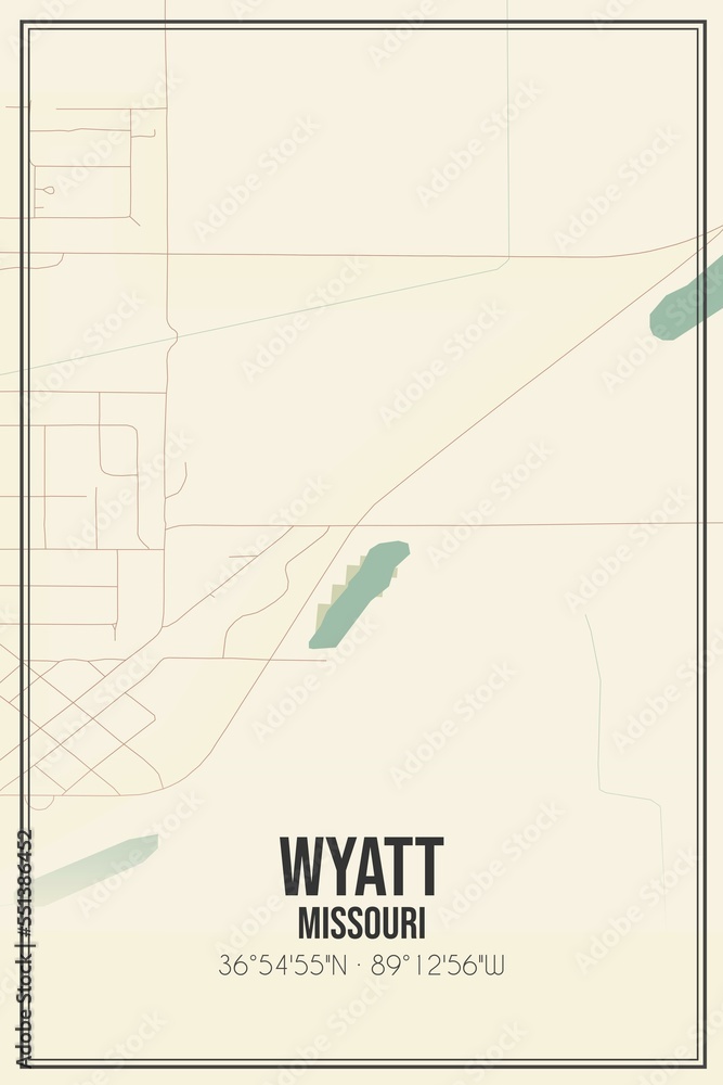 Retro US city map of Wyatt, Missouri. Vintage street map. Stock