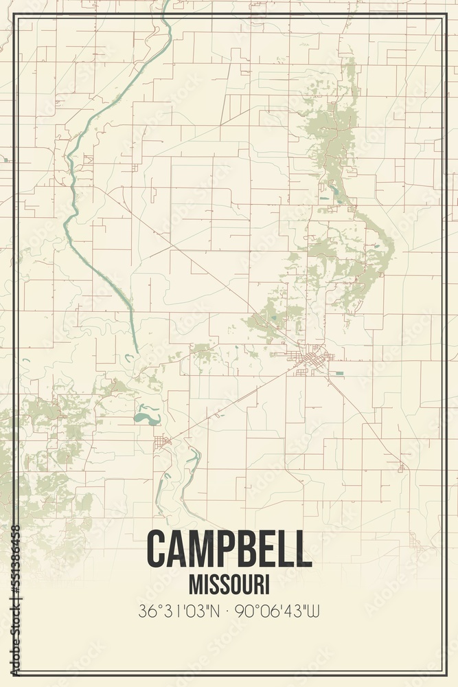 Fototapeta premium Retro US city map of Campbell, Missouri. Vintage street map.