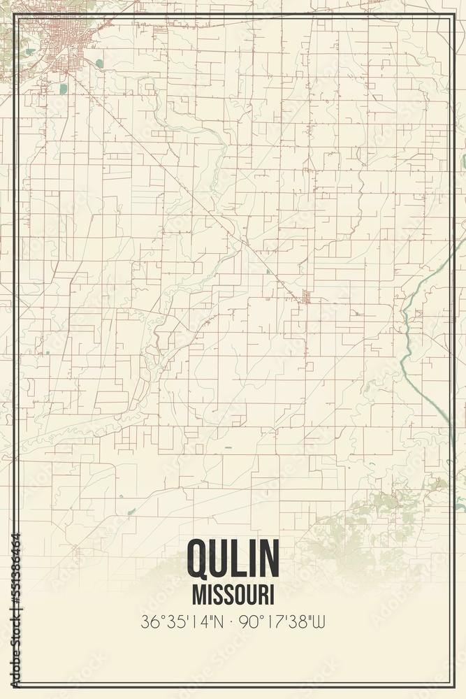 Retro US city map of Qulin, Missouri. Vintage street map.