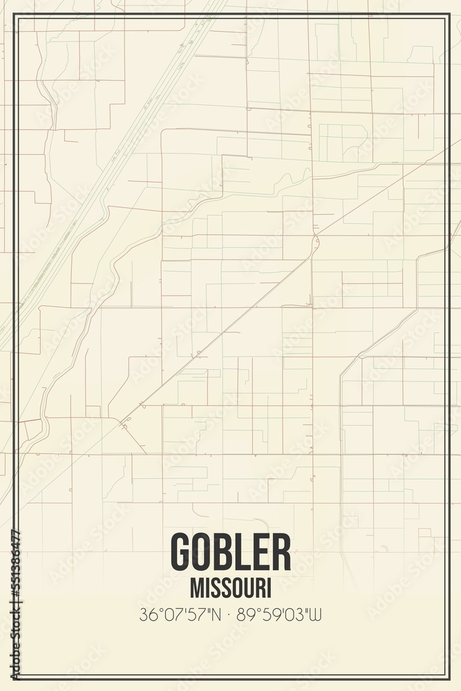 Retro US city map of Gobler, Missouri. Vintage street map.