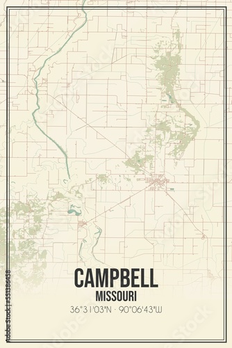 Retro US city map of Campbell, Missouri. Vintage street map.