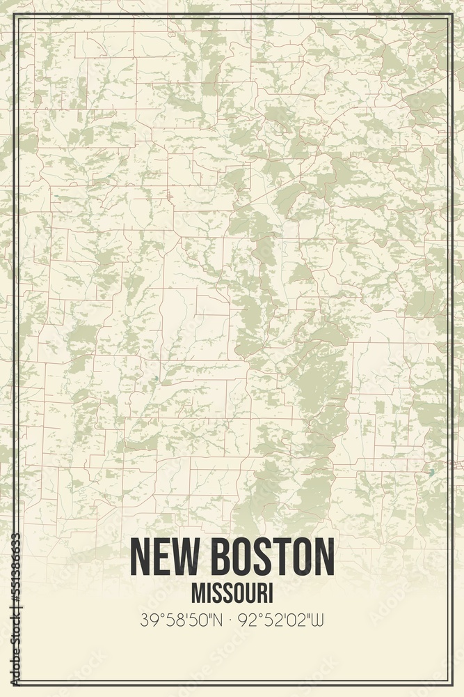 Retro US city map of New Boston, Missouri. Vintage street map.