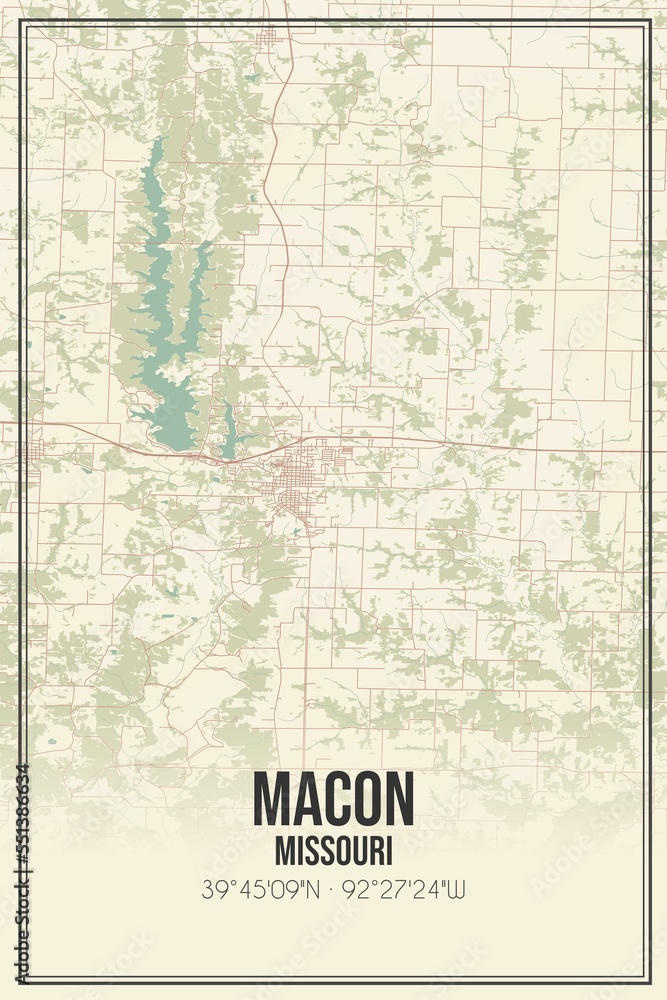 Retro US city map of Macon, Missouri. Vintage street map.