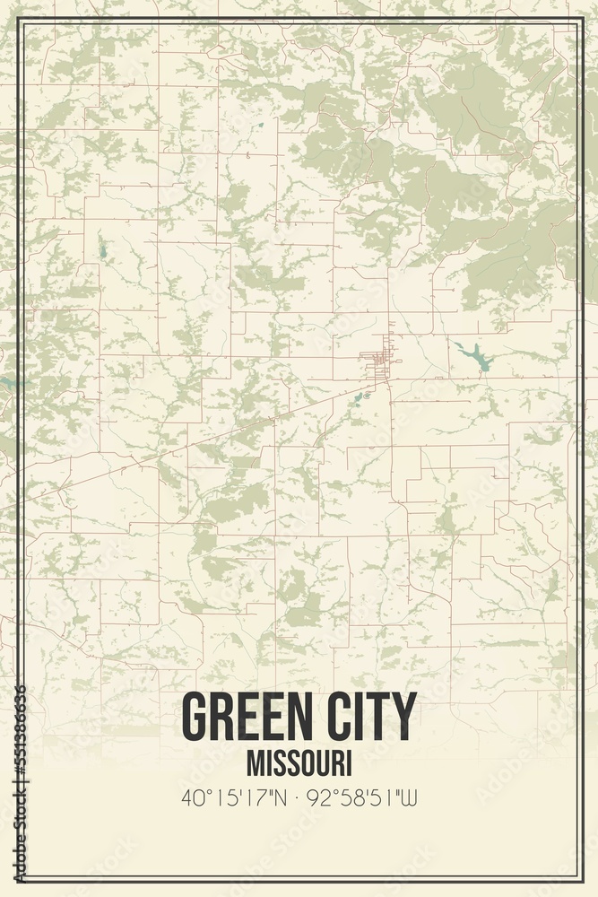 Retro US city map of Green City, Missouri. Vintage street map.