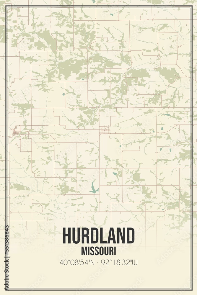 Retro US city map of Hurdland, Missouri. Vintage street map.